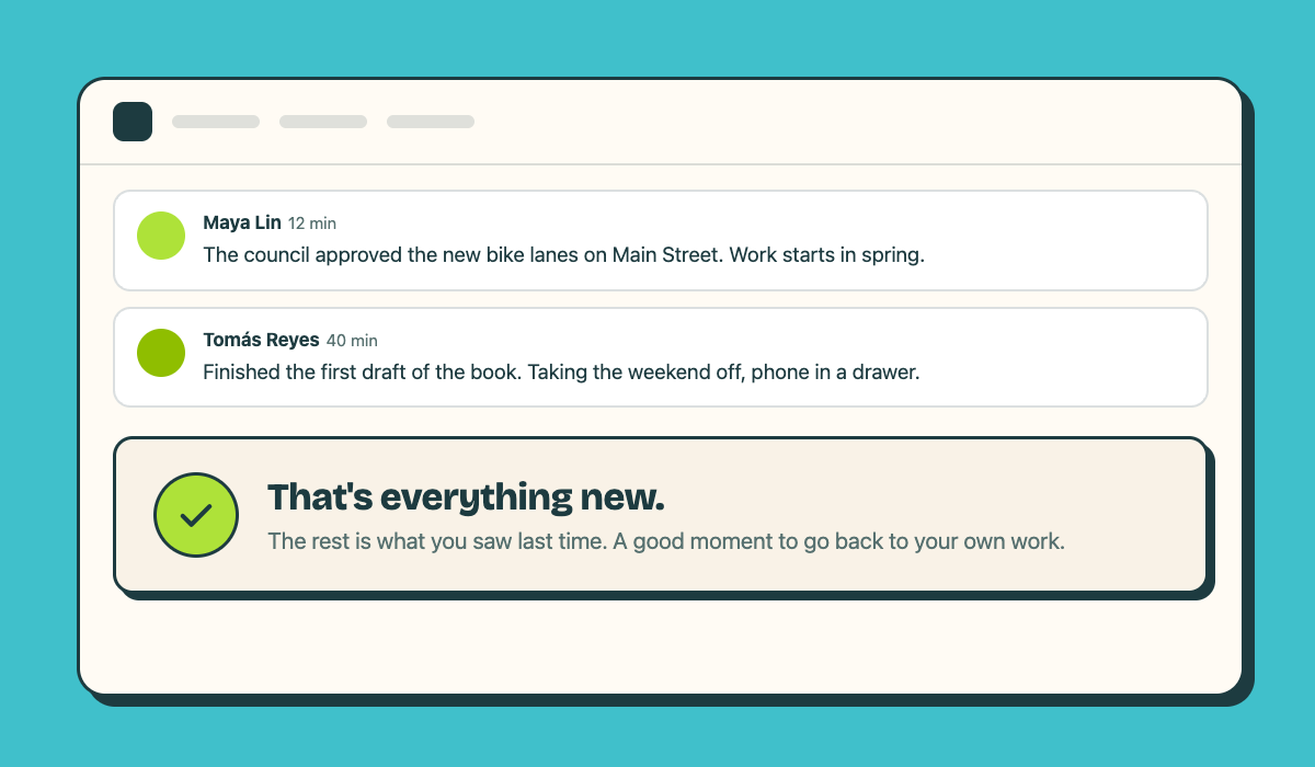A feed showing only two new posts, followed by Nihil Novi's card: that's everything new, a good moment to go back to your own work.